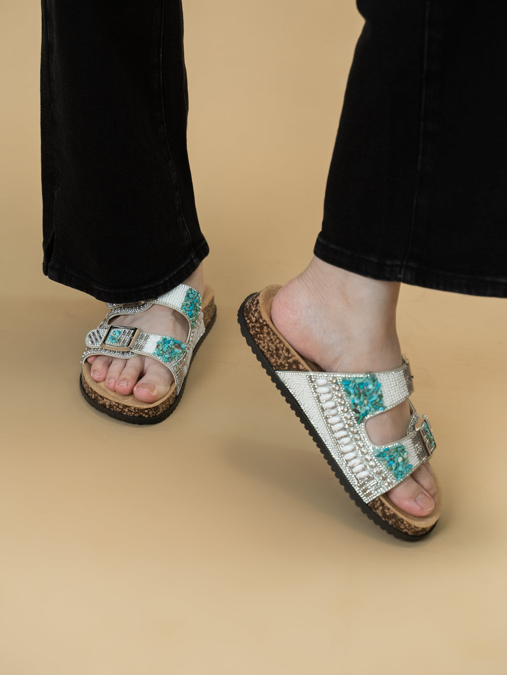 Riley Beaded Two Strap Sandals (Silver)