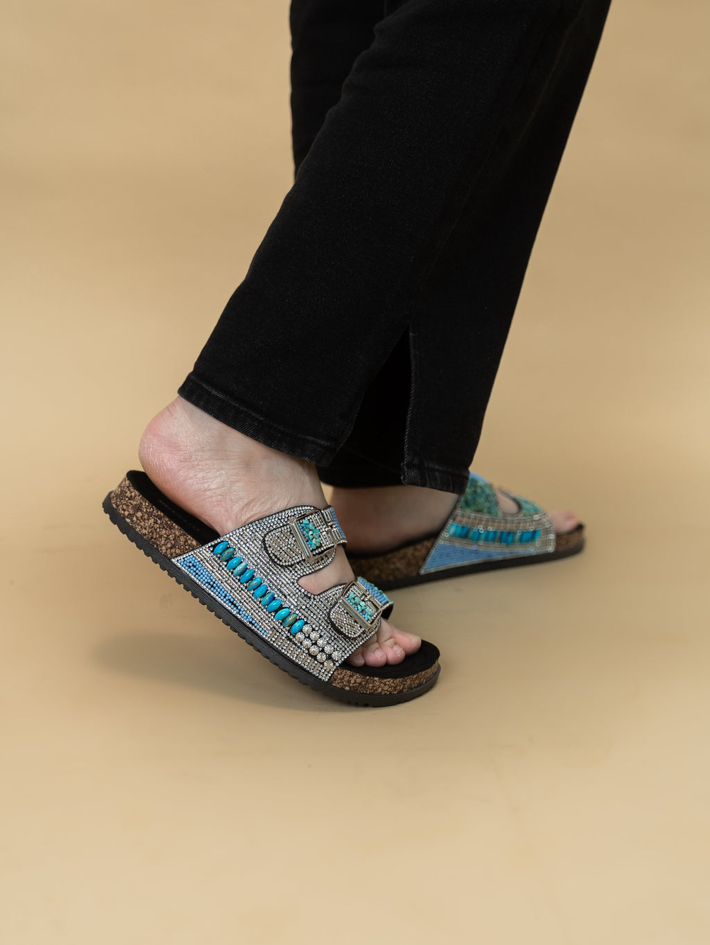 Riley Beaded Two Strap Sandals (Black)