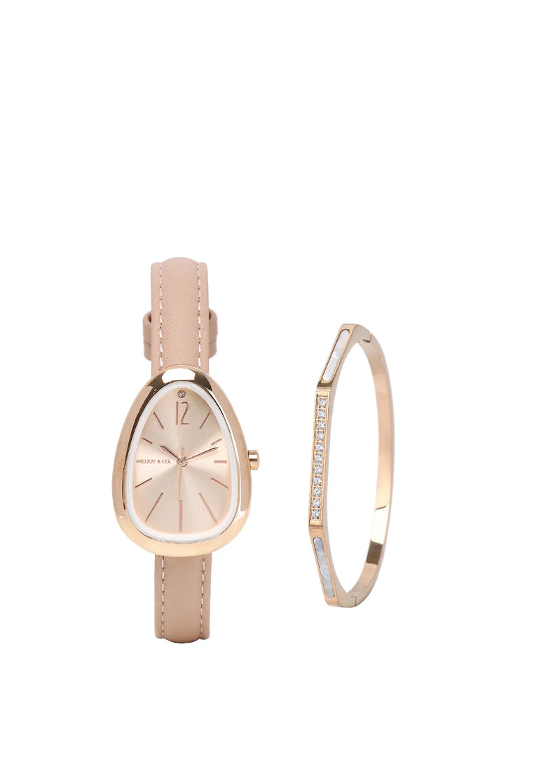 Fiona Rose Gold Leather Analog Watches with Bangle Set (Nude)