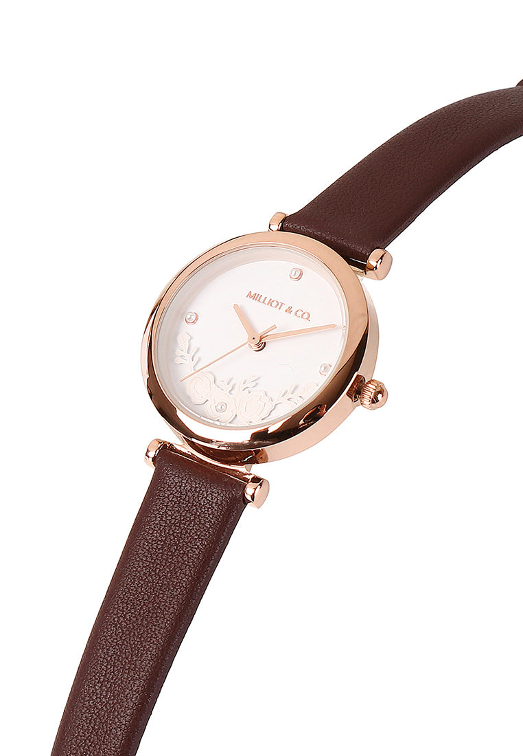 Cece Fleur Analog Leather Strap Watch (Coffee)