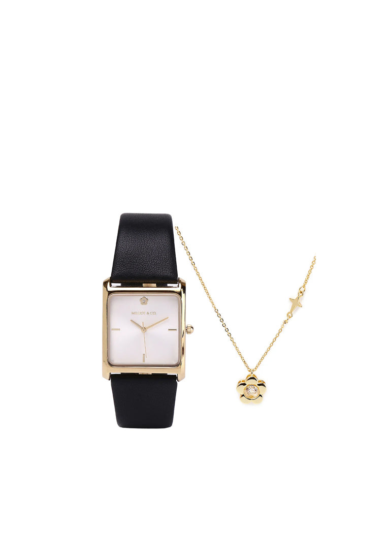 Atharis Gold Leather Watch with Necklace Set (Black)