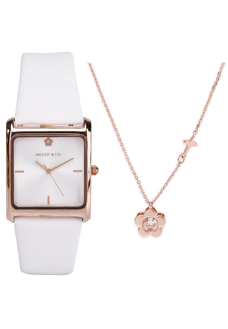 Atharis Rose Gold Leather  Watch with Necklace Set (White)