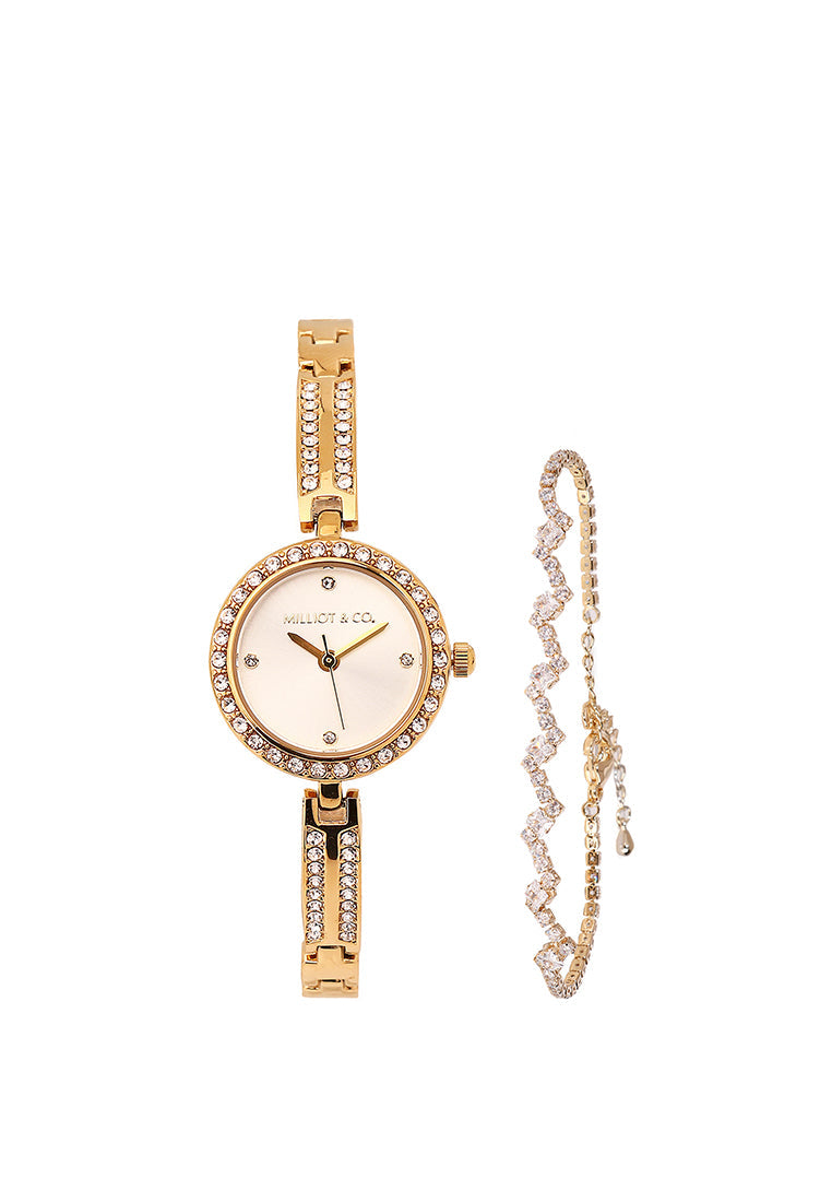 Sora Rhinestone Analog Watch with Bracelet Set (Gold)