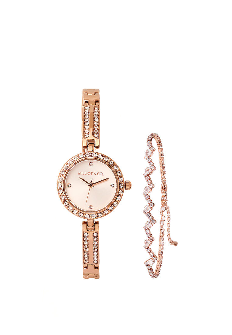Sora Rhinestone Analog Watch with Bracelet Set (Rose Gold)