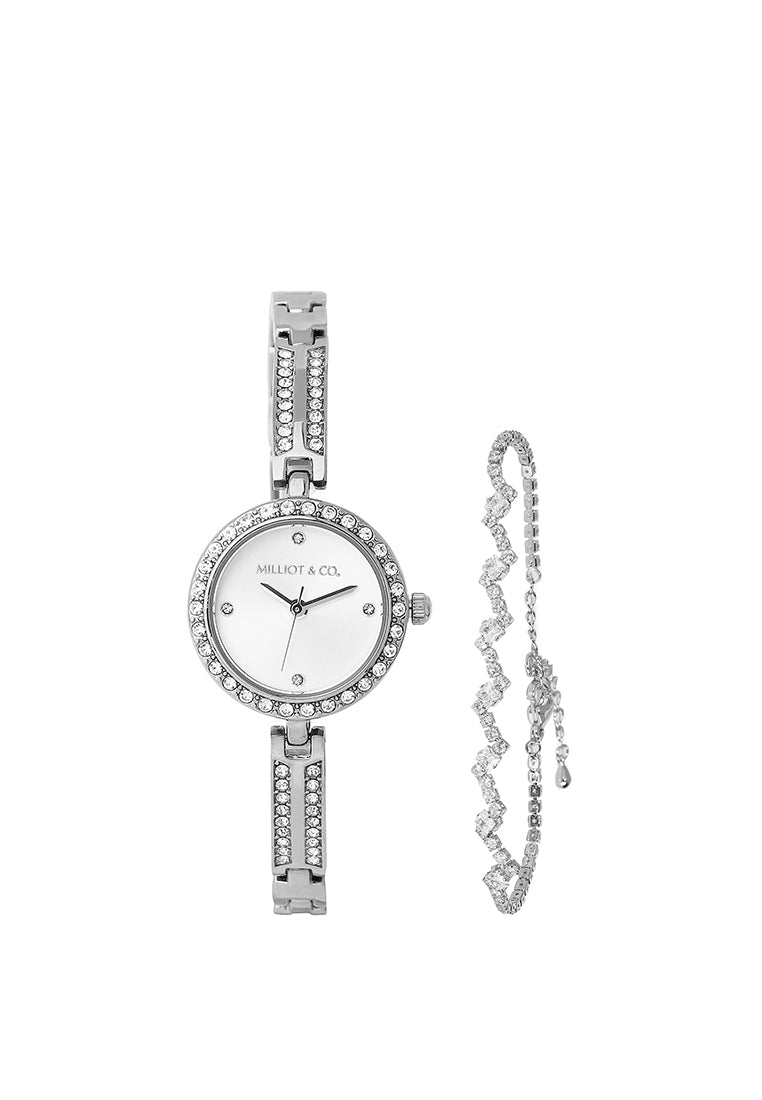 Sora Rhinestone Analog Watch with Bracelet Set (Silver)
