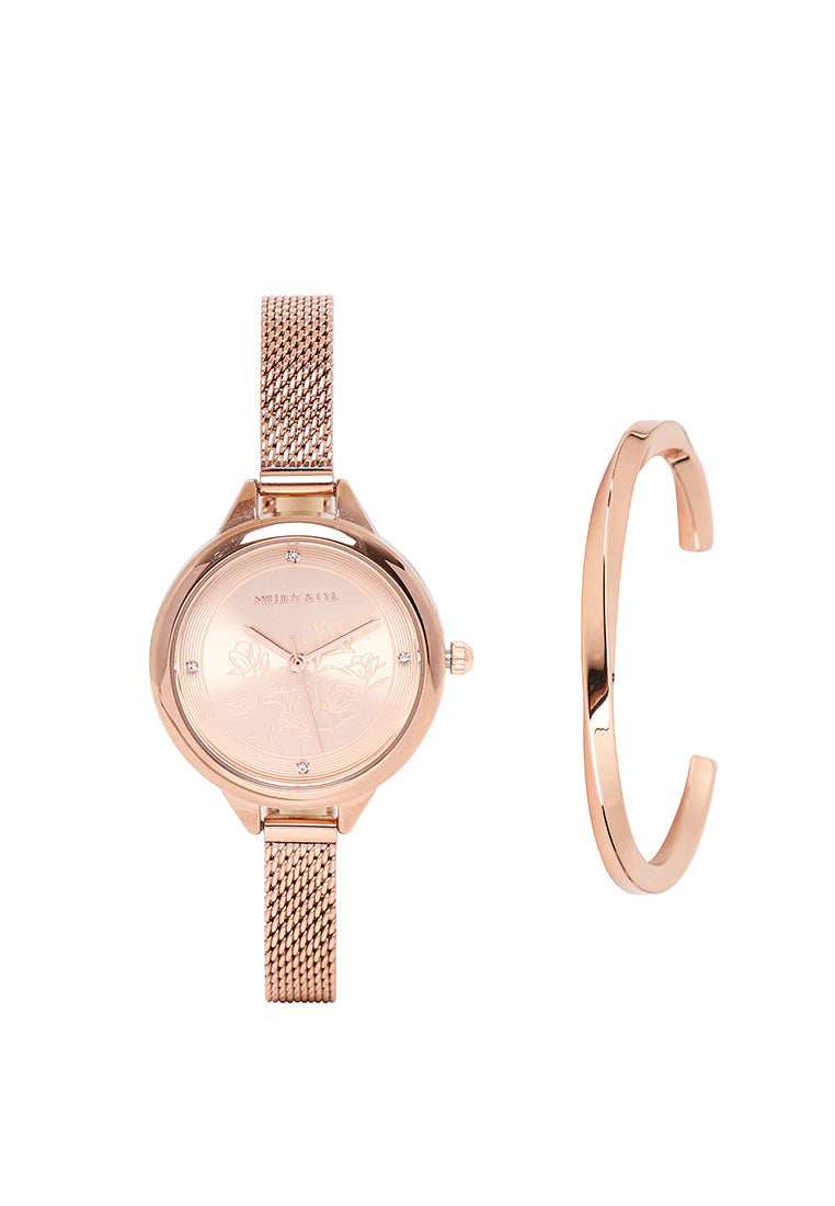 Valerie Mesh Strap Analog Watch with Bangle Set (Rose Gold)