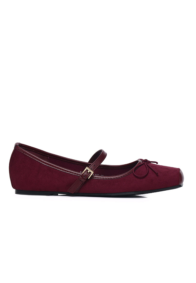 Yeri Square Toe Mary Jane with Bow Ballerina & Flats (Maroon)