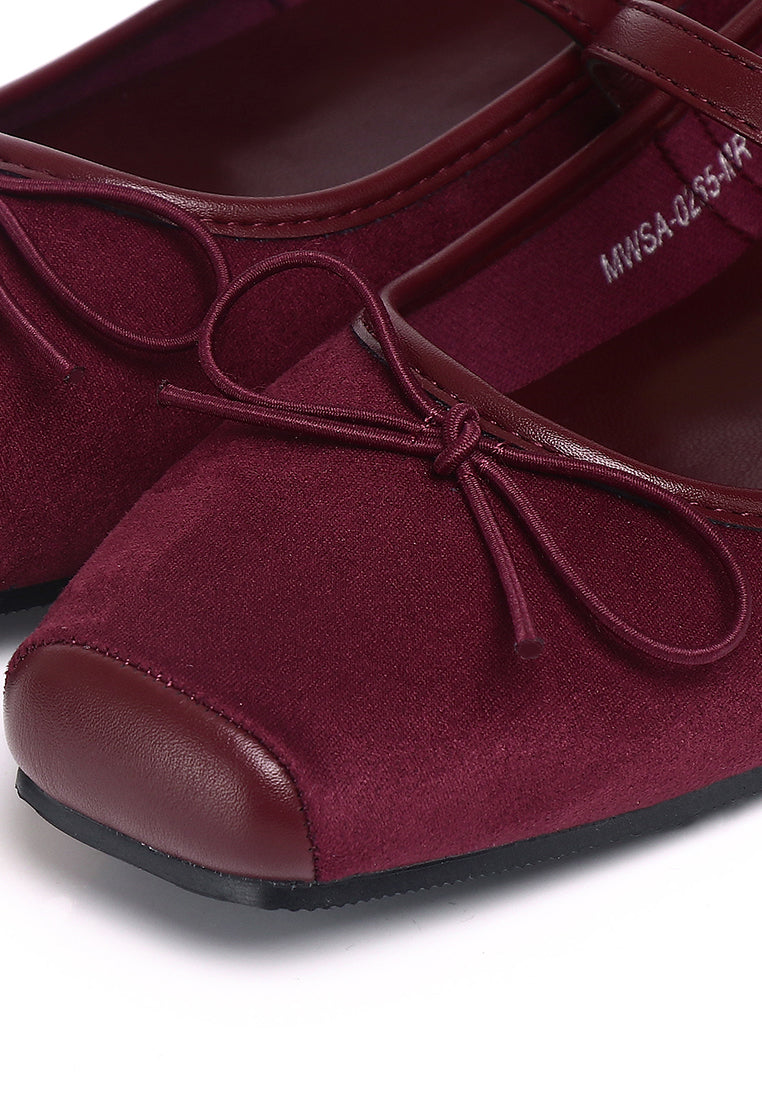 Yeri Square Toe Mary Jane with Bow Ballerina & Flats (Maroon)