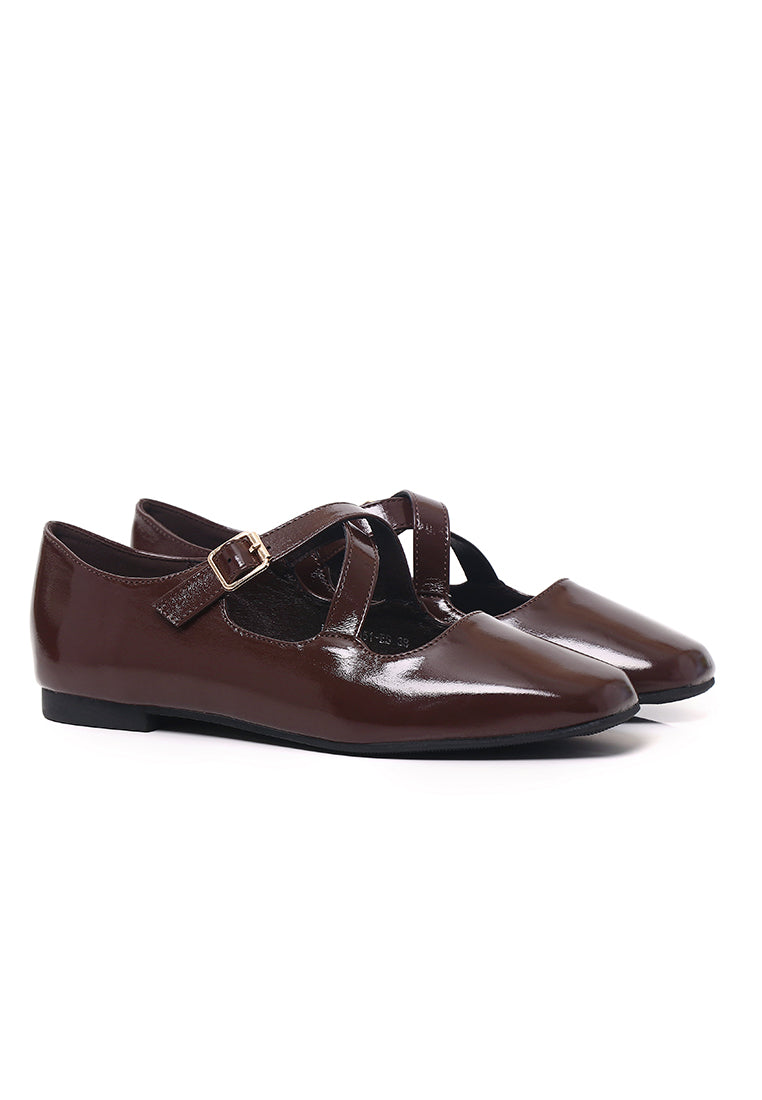 Jillian Crossed Patent Ballerina & Flats (Espresso)