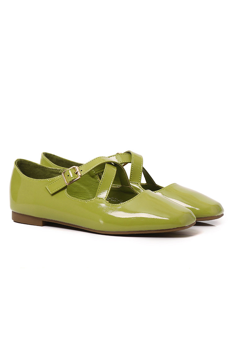 Jillian Crossed Patent Ballerina & Flats (Olive)