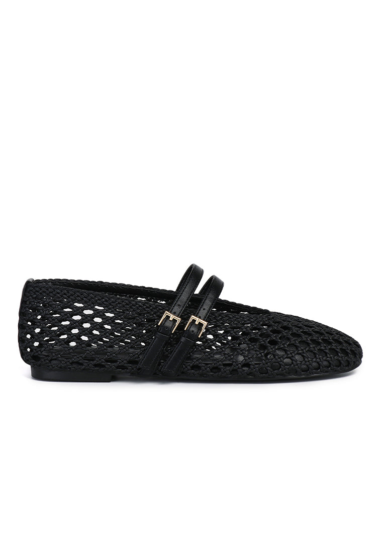 Nell Woven Raffia Ballet Flats (Black)
