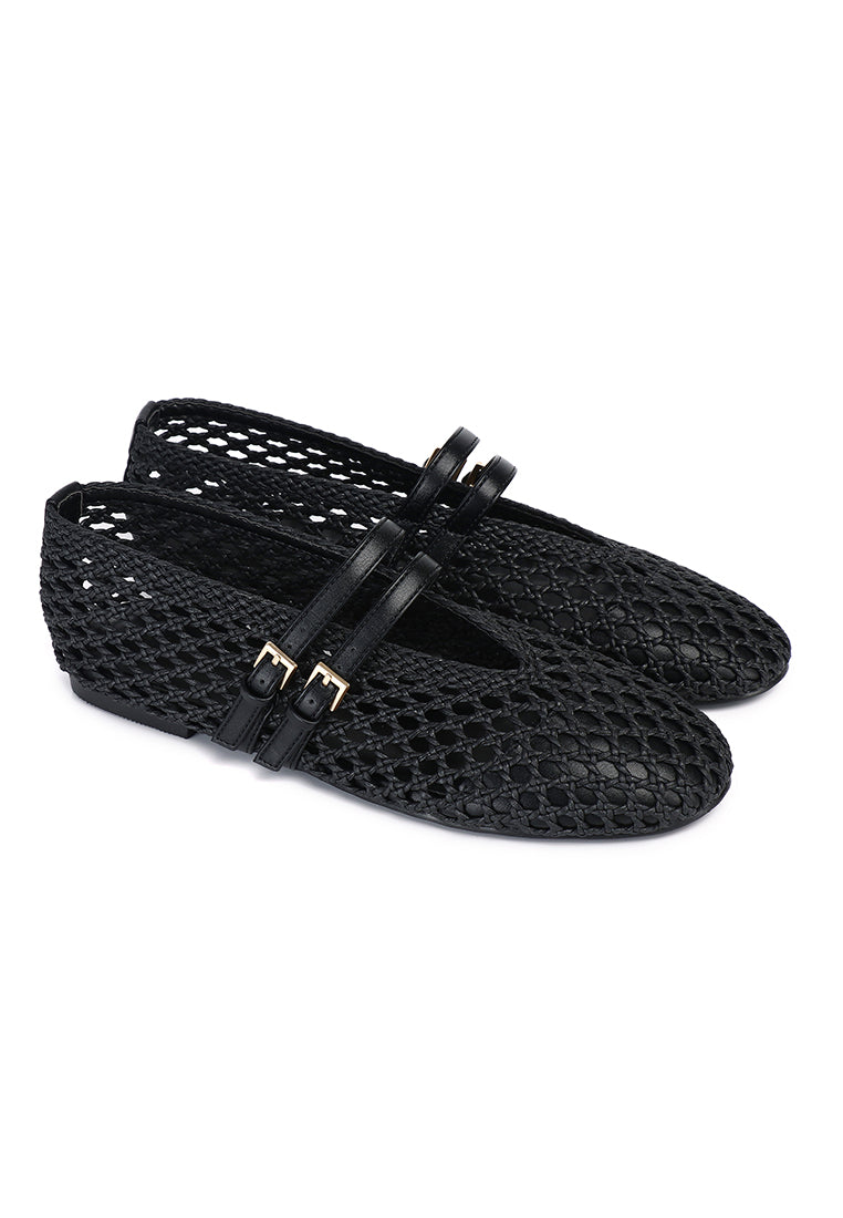 Nell Woven Raffia Ballet Flats (Black)
