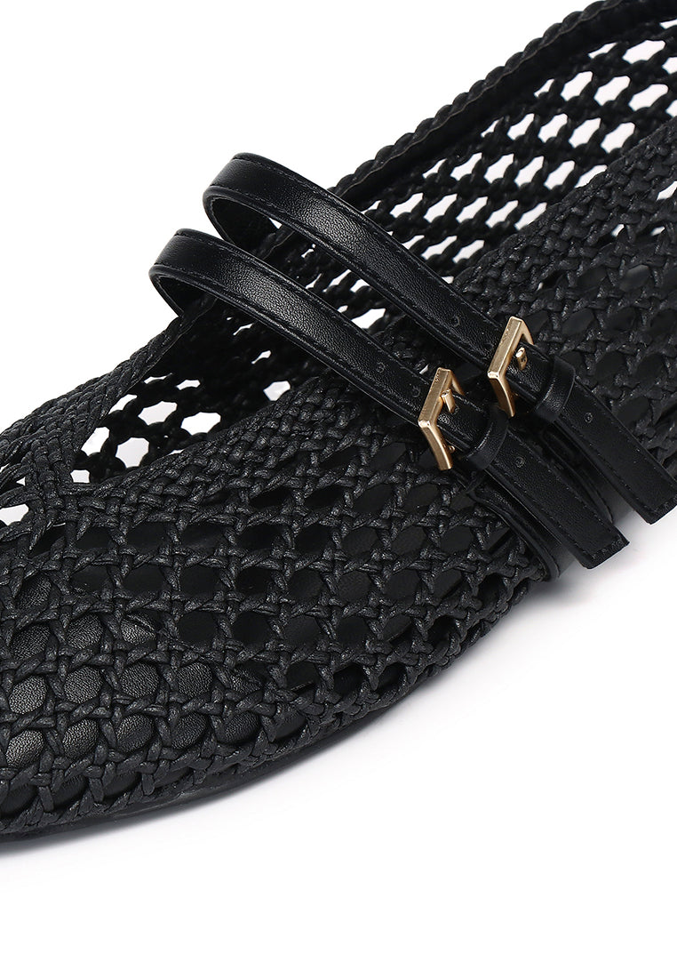 Nell Woven Raffia Ballet Flats (Black)