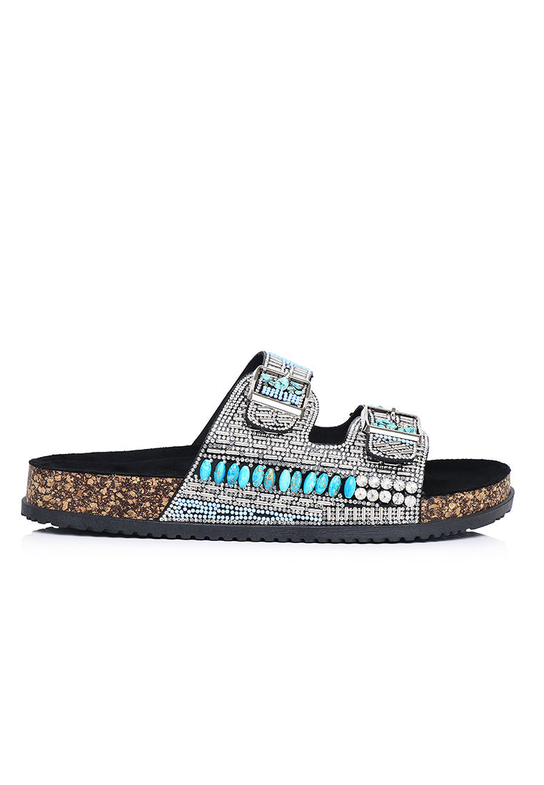 Riley Beaded Two Strap Sandals (Black)