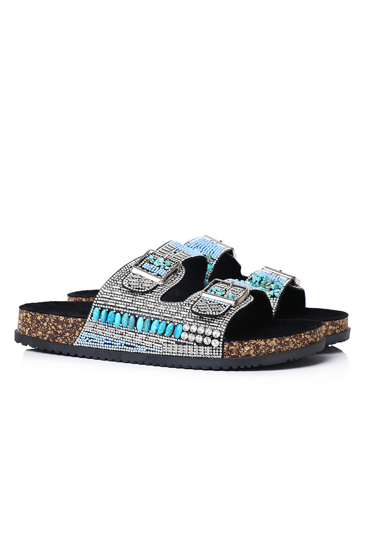 Riley Beaded Two Strap Sandals (Black)