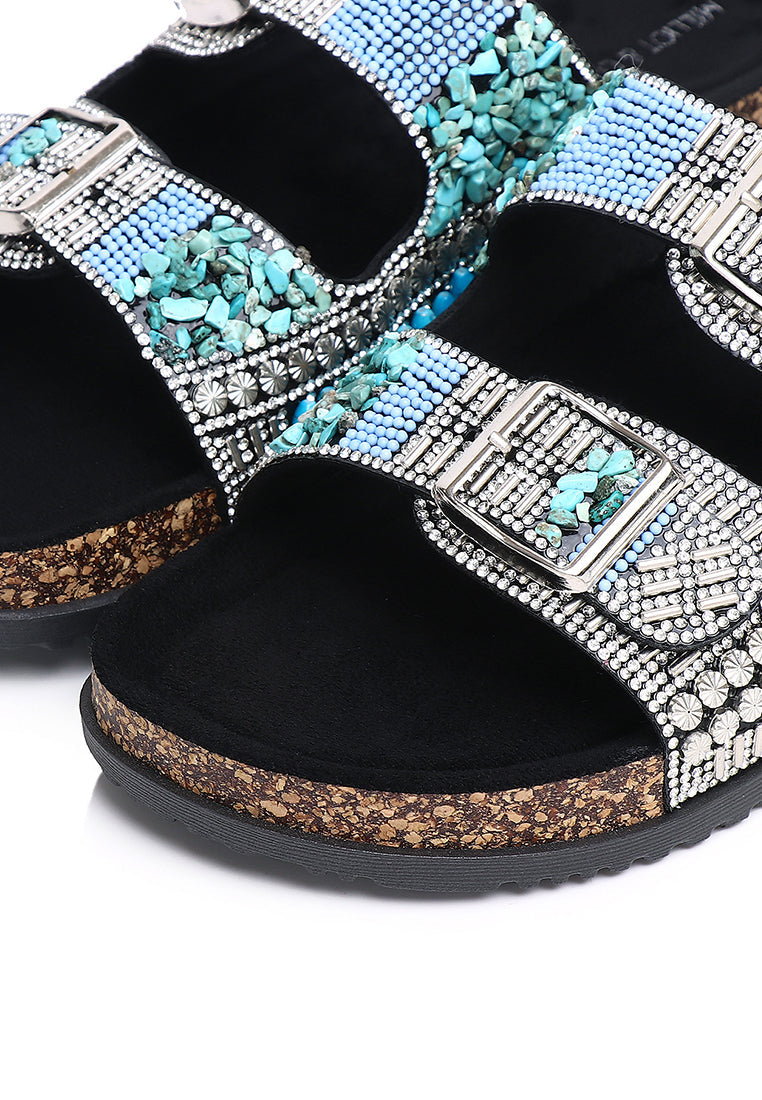 Riley Beaded Two Strap Sandals (Black)