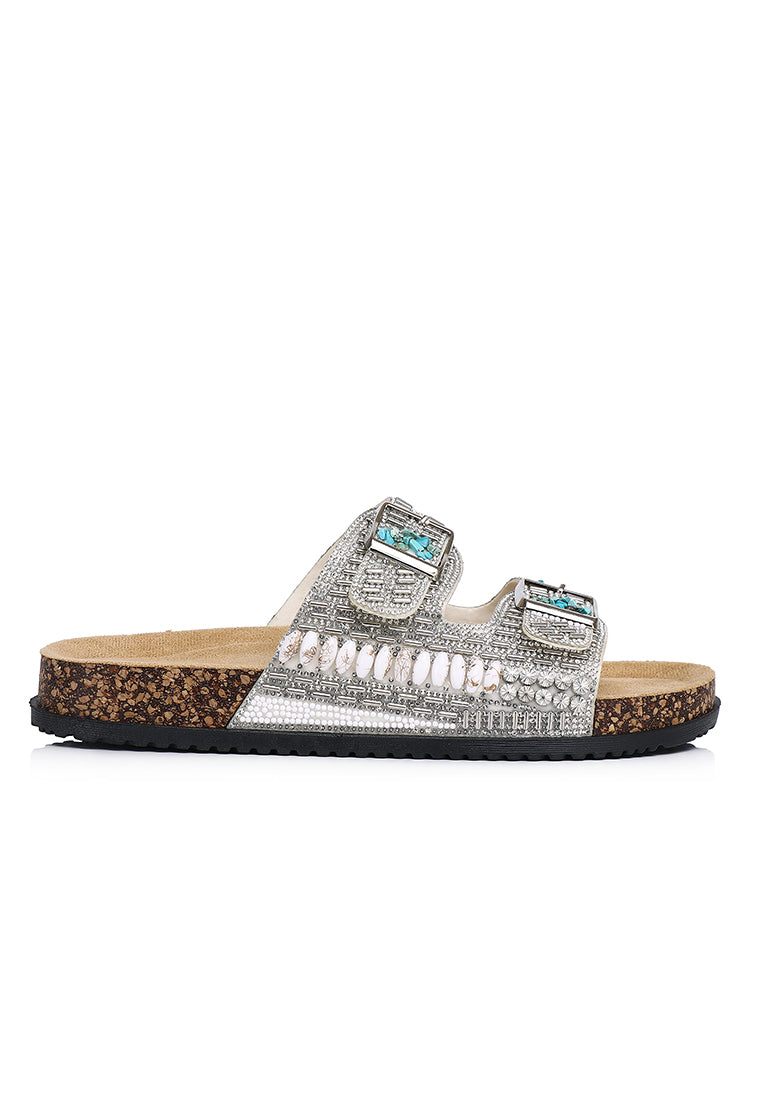 Riley Beaded Two Strap Sandals (Silver)