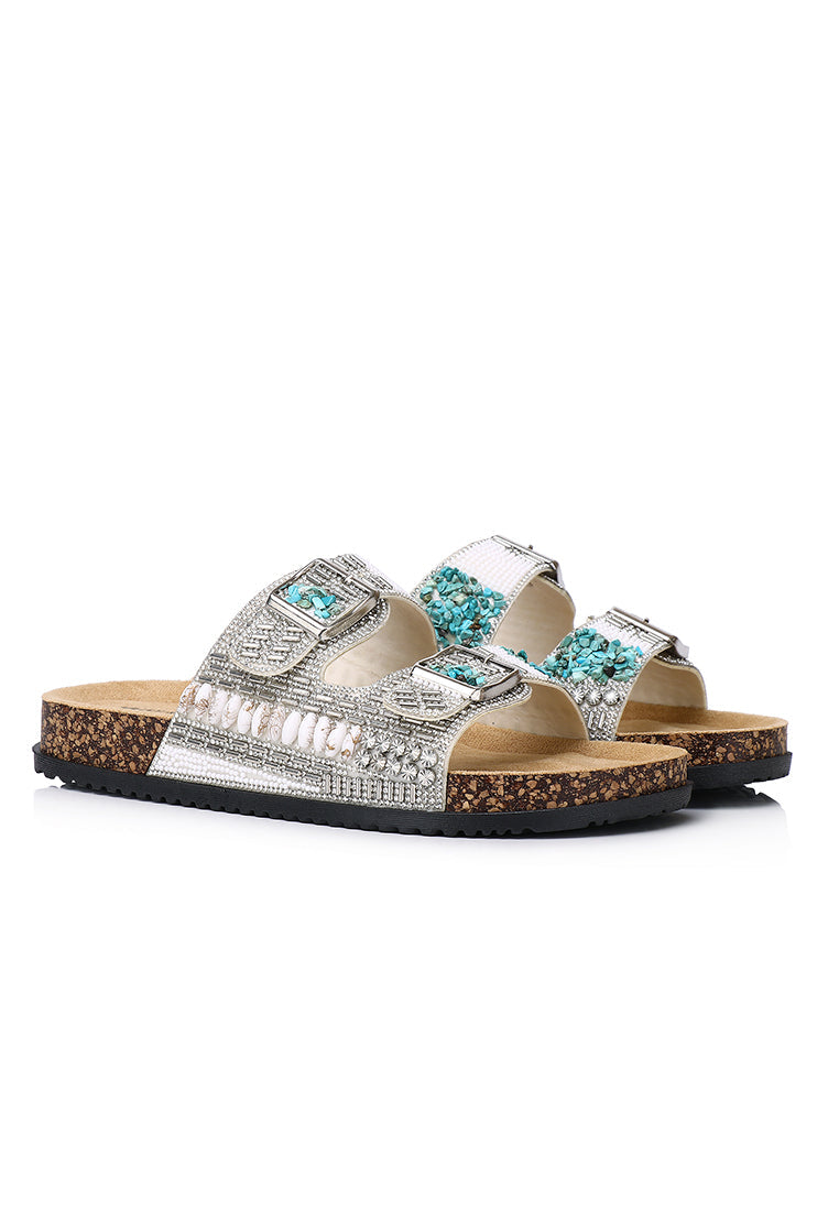 Riley Beaded Two Strap Sandals (Silver)