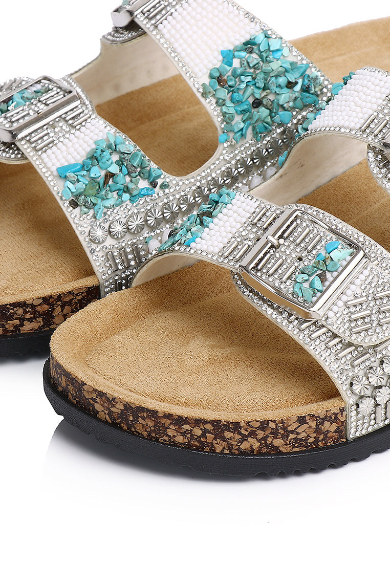 Riley Beaded Two Strap Sandals (Silver)