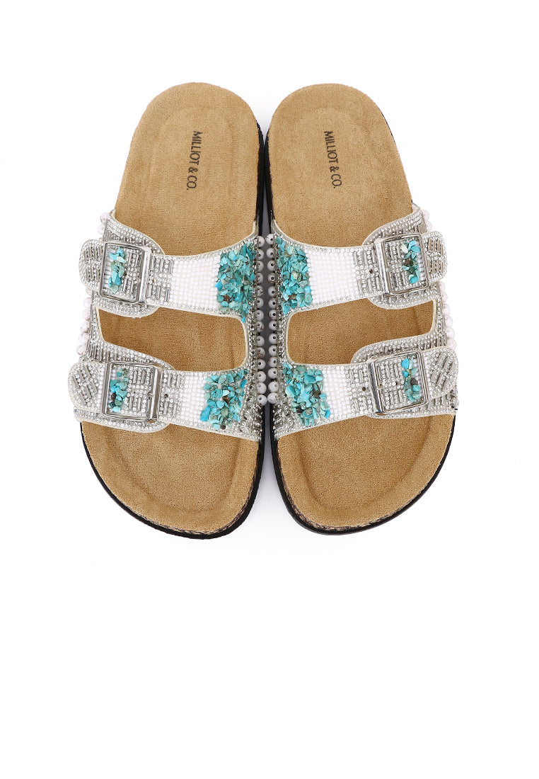 Riley Beaded Two Strap Sandals (Silver)