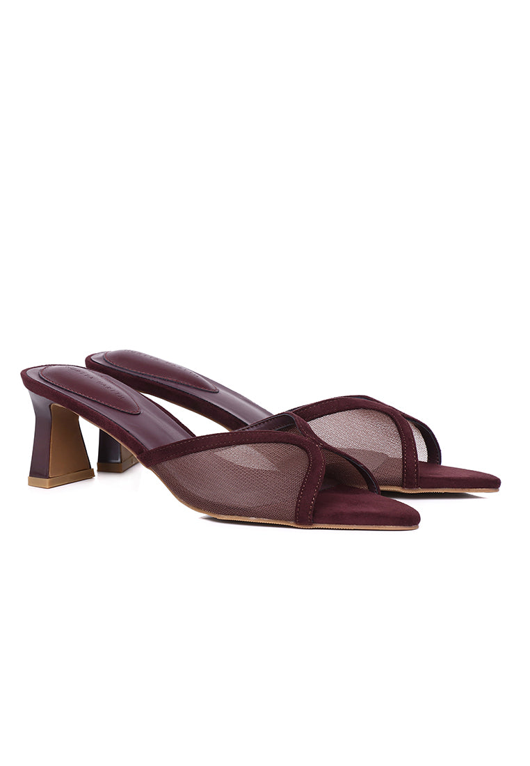 Haira Mesh Slip Ons Heels (Maroon)